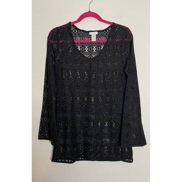 Cache Black Crochet Sheer Long Sleeve Sexy Top Size Medium Beach Cover‎ Up Boho - Picture 1 of 5